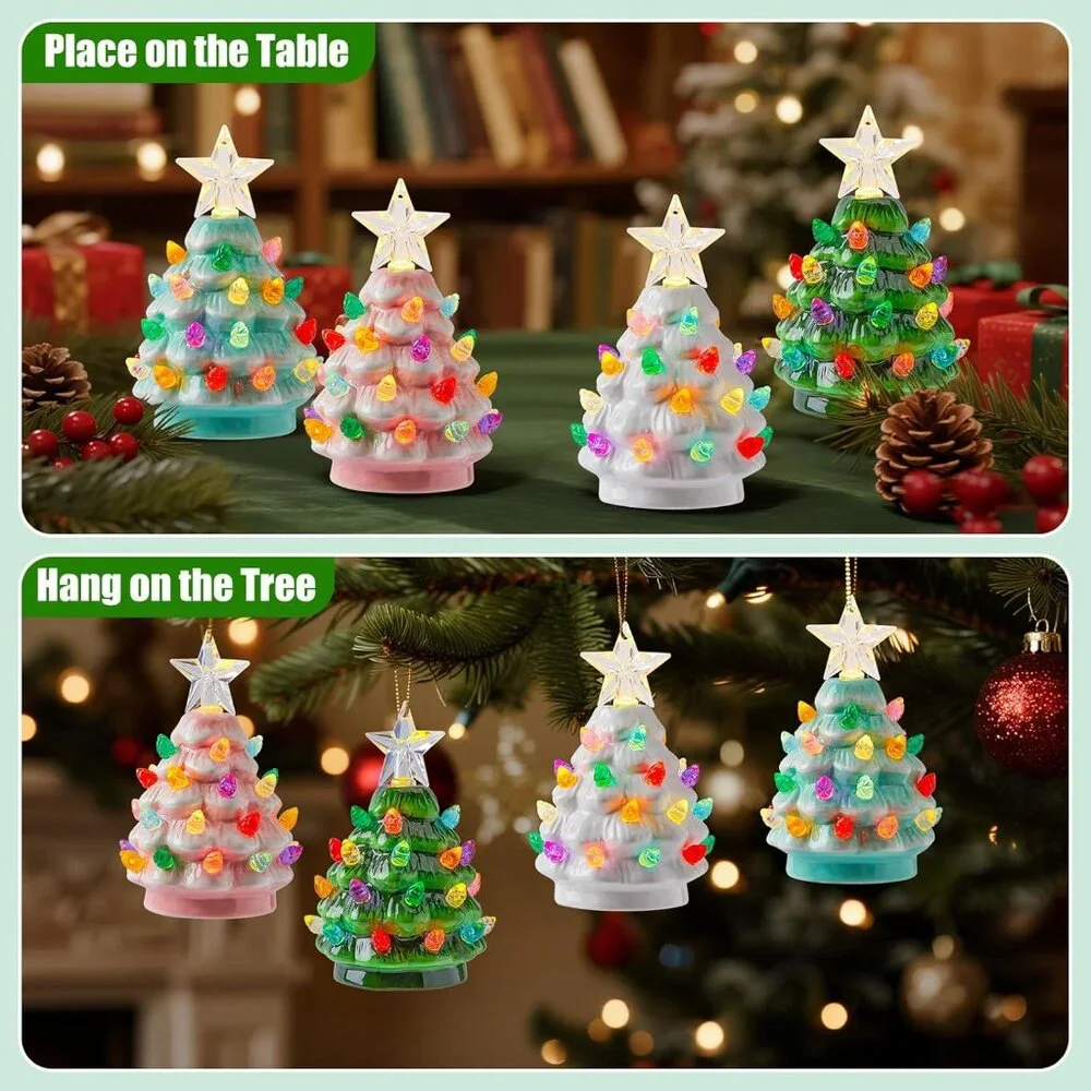 4.3 Inch Mini Ceramic Christmas Tree Set - 4 Pack Tabletop Christmas Tree